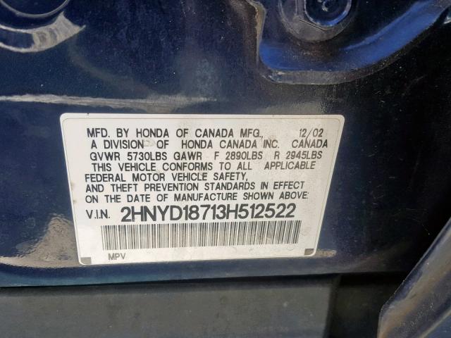 2HNYD18713H512522 - 2003 ACURA MDX TOURIN BLUE photo 10