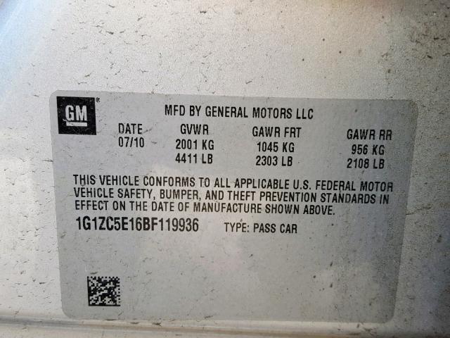 1G1ZC5E16BF119936 - 2011 CHEVROLET MALIBU 1LT ვერცხლისფერი ფოტო 10