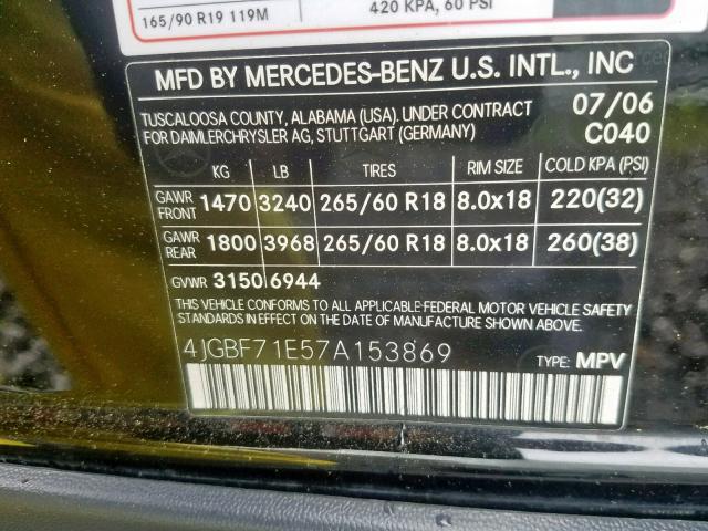 4JGBF71E57A153869 - 2007 MERCEDES-BENZ GL 450 4MA BLACK photo 10