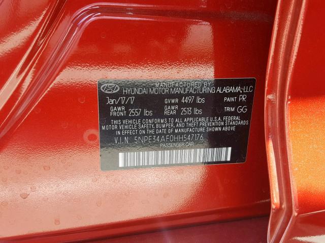 5NPE34AF0HH547176 - 2017 HYUNDAI SONATA SPO RED photo 10