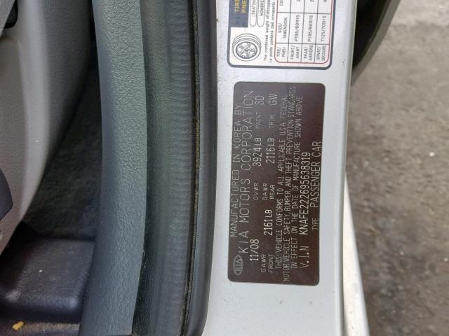 KNAFE222695638319 - 2009 KIA SPECTRA EX SILVER photo 10