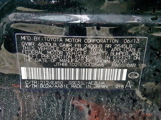 JTHBE1D21E5002568 - 2014 LEXUS IS 350 BLACK photo 10