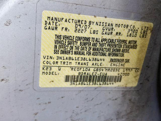 3N1AB61E38L638644 - 2008 NISSAN SENTRA 2.0 SILVER photo 10