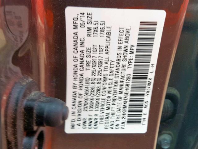 2HKRM4H76EH681280 - 2014 HONDA CR-V EXL GRAY photo 10