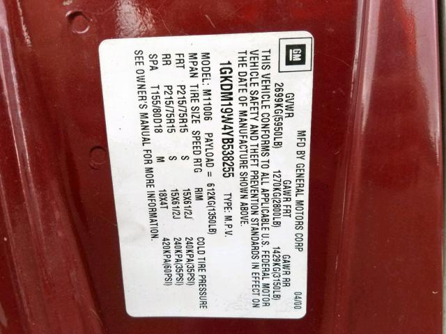 1GKDM19W4YB538255 - 2000 GMC SAFARI XT MAROON photo 10