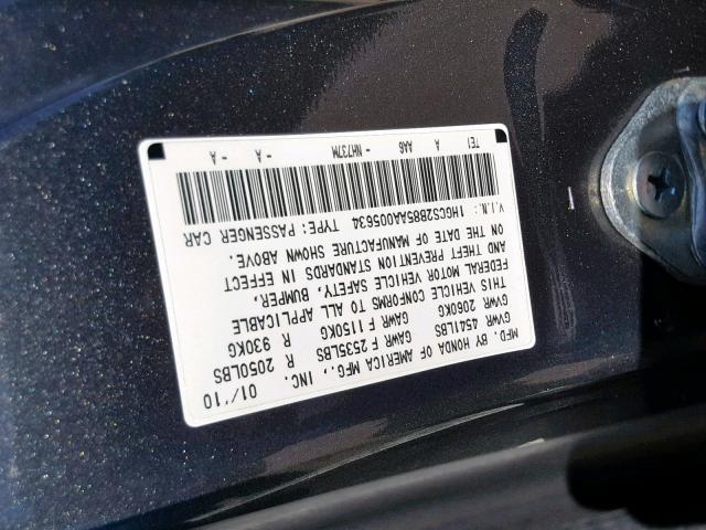 1HGCS2B85AA005634 - 2010 HONDA ACCORD EXL GRAY photo 10