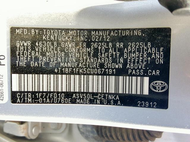 4T1BF1FK5CU067191 - 2012 TOYOTA CAMRY BASE SILVER photo 10