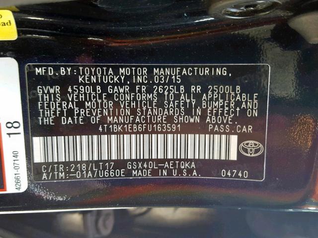 4T1BK1EB6FU163591 - 2015 TOYOTA AVALON XLE BLACK photo 10