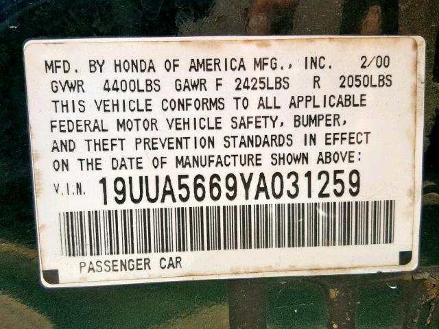 19UUA5669YA031259 - 2000 ACURA 3.2TL GREEN photo 10