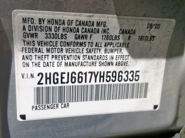 2HGEJ6617YH596335 - 2000 HONDA CIVIC BASE SILVER photo 10