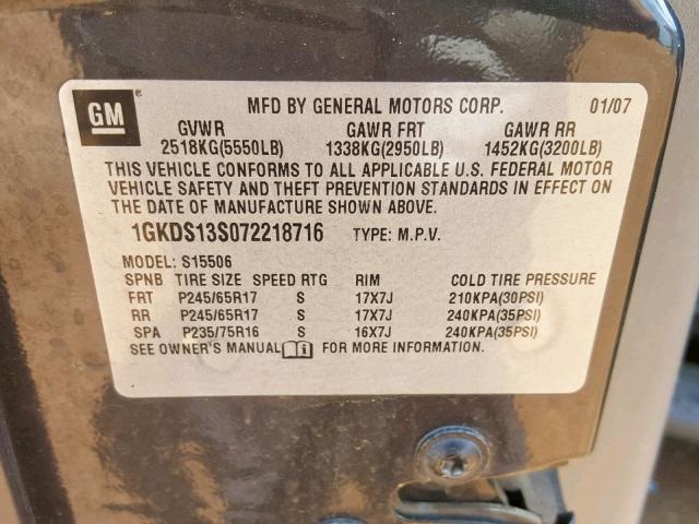 1GKDS13S072218716 - 2007 GMC ENVOY GRAY photo 10