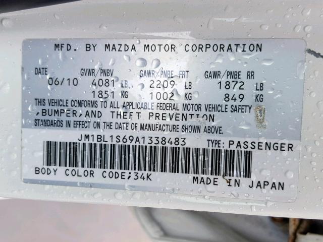 JM1BL1S69A1338483 - 2010 MAZDA 3 S WHITE photo 10