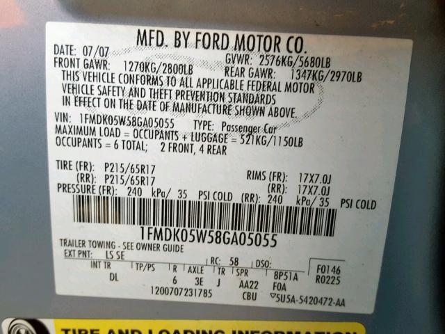 1FMDK05W58GA05055 - 2008 FORD TAURUS X S BLUE photo 10