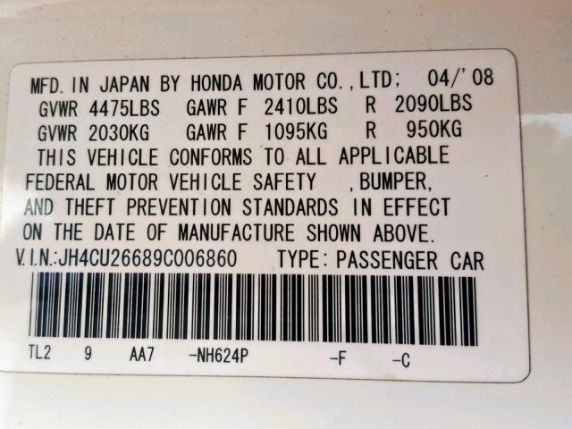 JH4CU26689C006860 - 2009 ACURA TSX WHITE photo 10