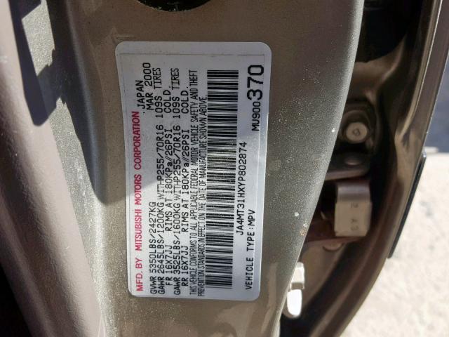 JA4MT31HXYP802874 - 2000 MITSUBISHI MONTERO SP GRAY photo 10