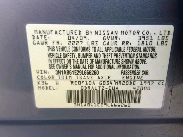 3N1AB61E29L666260 - 2009 NISSAN SENTRA 2.0 GRAY photo 10