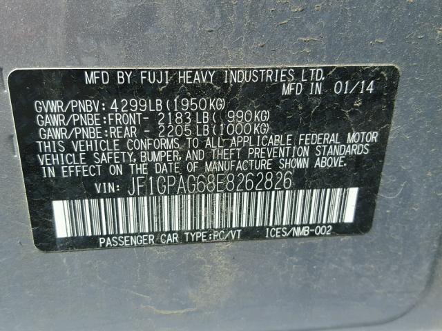 JF1GPAG68E8262826 - 2014 SUBARU IMPREZA LI GRAY photo 10