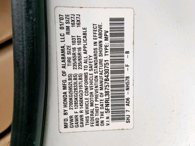 5FNRL38757B430751 - 2007 HONDA ODYSSEY EX WHITE photo 10