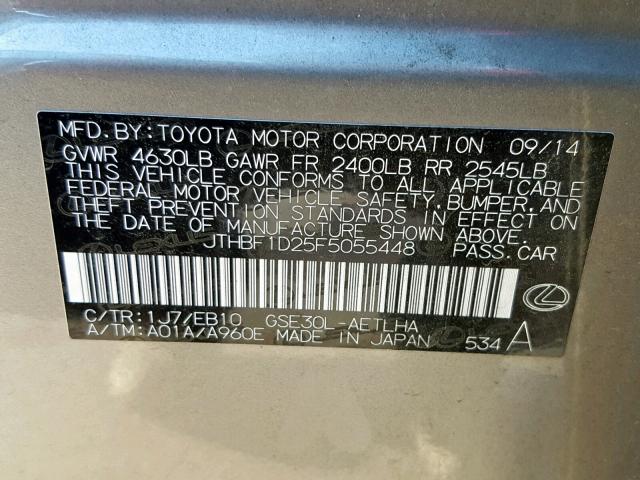 JTHBF1D25F5055448 - 2015 LEXUS IS 250 SILVER photo 10