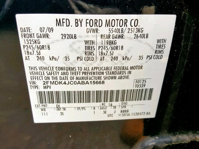 2FMDK4JC0ABA15668 - 2010 FORD EDGE SEL BLUE photo 10