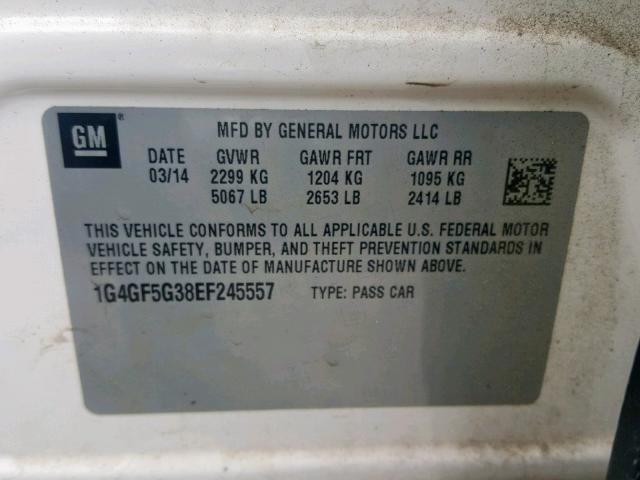 1G4GF5G38EF245557 - 2014 BUICK LACROSSE T WHITE photo 10