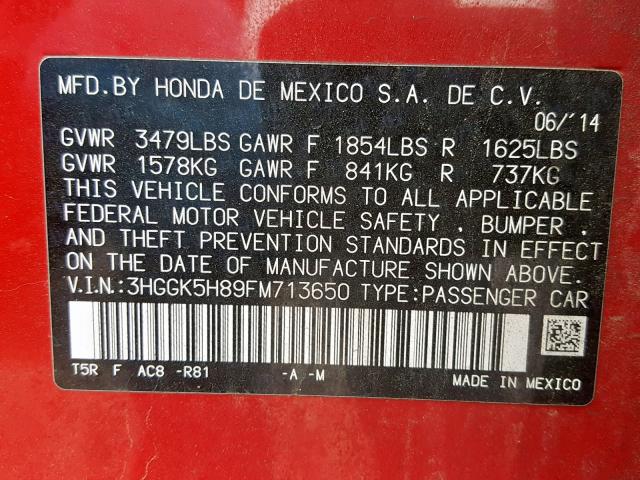 3HGGK5H89FM713650 - 2015 HONDA FIT EX RED photo 10