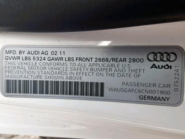 WAUSGAFC6CN001900 - 2012 AUDI A7 PRESTIG WHITE photo 10