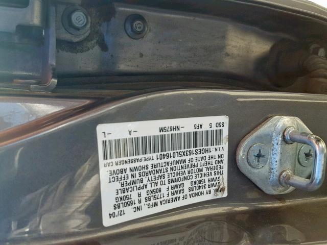 1HGES163X5L016401 - 2005 HONDA CIVIC DX V GRAY photo 10