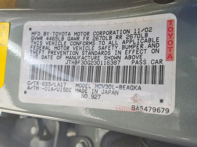 JTHBF30G230116387 - 2003 LEXUS ES 300 SILVER photo 10