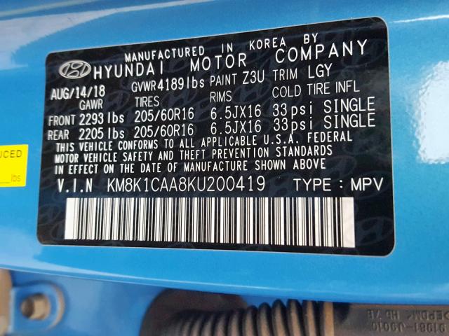 KM8K1CAA8KU200419 - 2019 HYUNDAI KONA SE BLUE photo 10