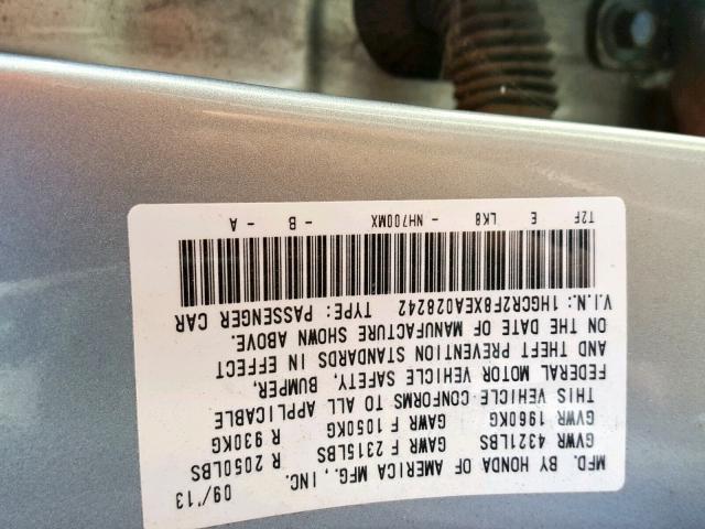 1HGCR2F8XEA028242 - 2014 HONDA ACCORD EXL SILVER photo 10