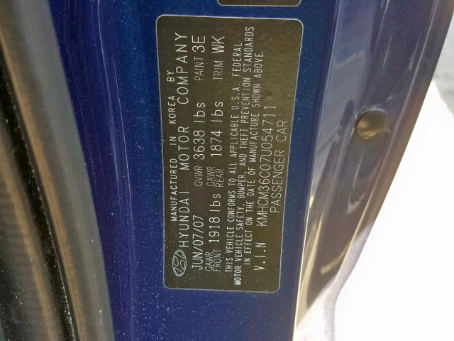 KMHCM36C07U054711 - 2007 HYUNDAI ACCENT GS BLUE photo 10