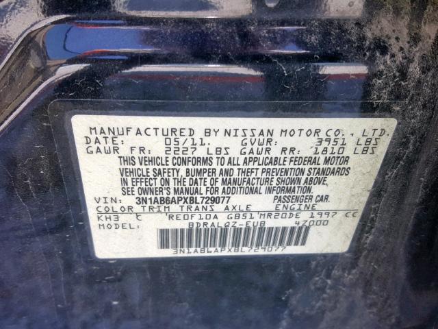 3N1AB6APXBL729077 - 2011 NISSAN SENTRA 2.0 BLACK photo 10