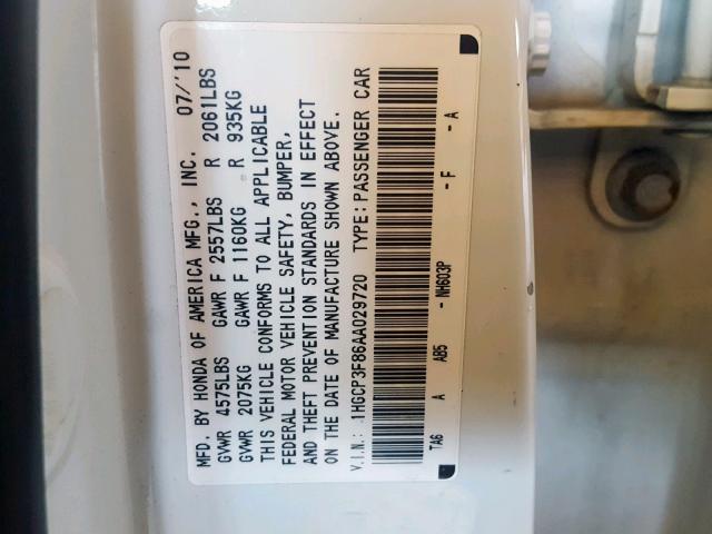 1HGCP3F86AA029720 - 2010 HONDA ACCORD EXL WHITE photo 10