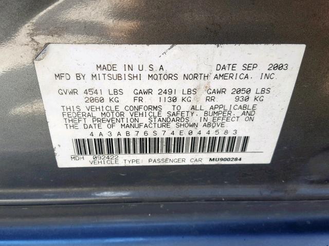 4A3AB76S74E044583 - 2004 MITSUBISHI GALANT GTS GRAY photo 10