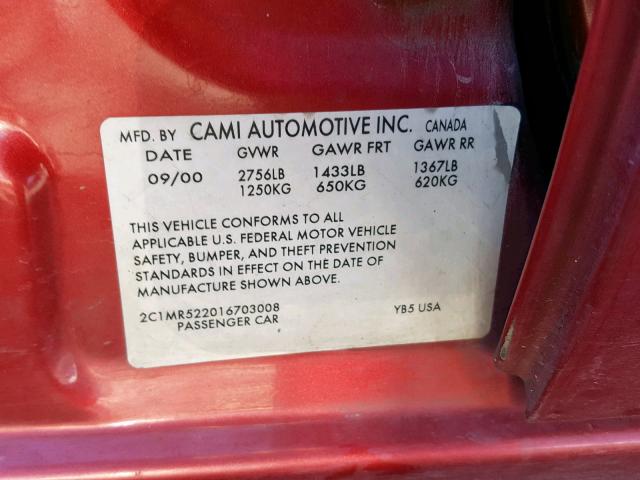 2C1MR522016703008 - 2001 CHEVROLET METRO LSI RED photo 10