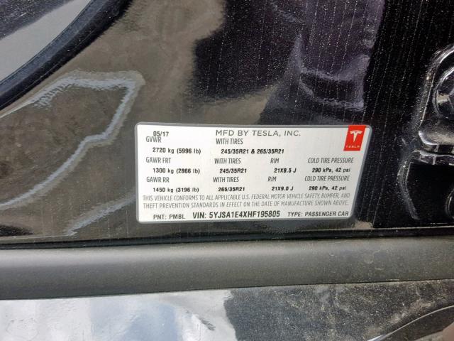 5YJSA1E4XHF195805 - 2017 TESLA MODEL S أسود صورة 10