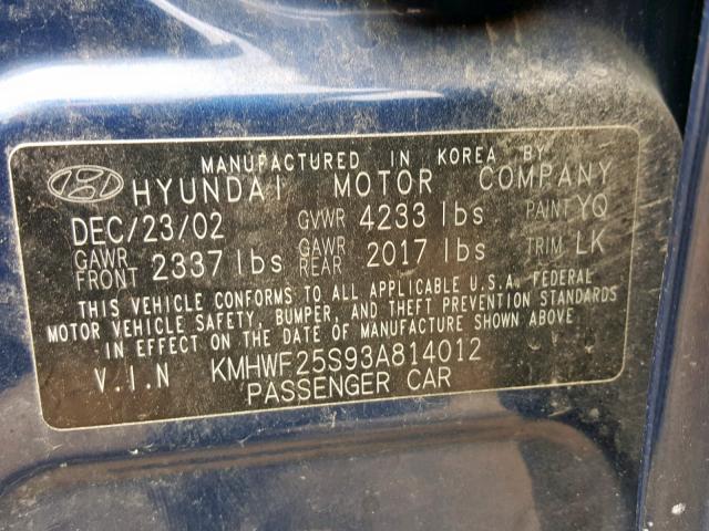 KMHWF25S93A814012 - 2003 HYUNDAI SONATA GL BLUE photo 10