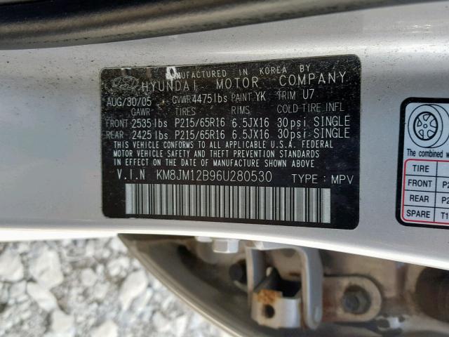 KM8JM12B96U280530 - 2006 HYUNDAI TUCSON GL SILVER photo 10