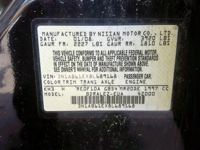 3N1AB61EX8L689168 - 2008 NISSAN SENTRA 2.0 BLACK photo 10