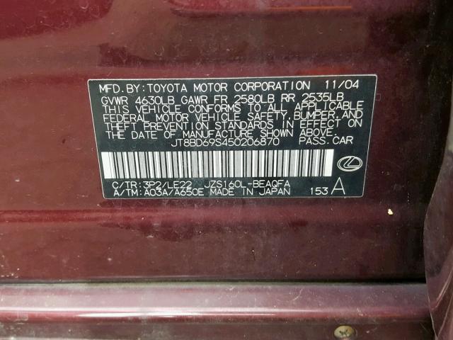 JT8BD69S450206870 - 2005 LEXUS GS 300 BURGUNDY photo 10