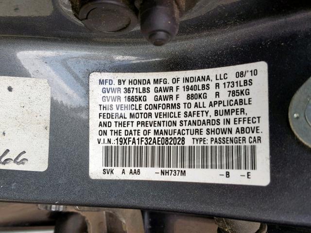 19XFA1F32AE082028 - 2010 HONDA CIVIC VP GRAY photo 10