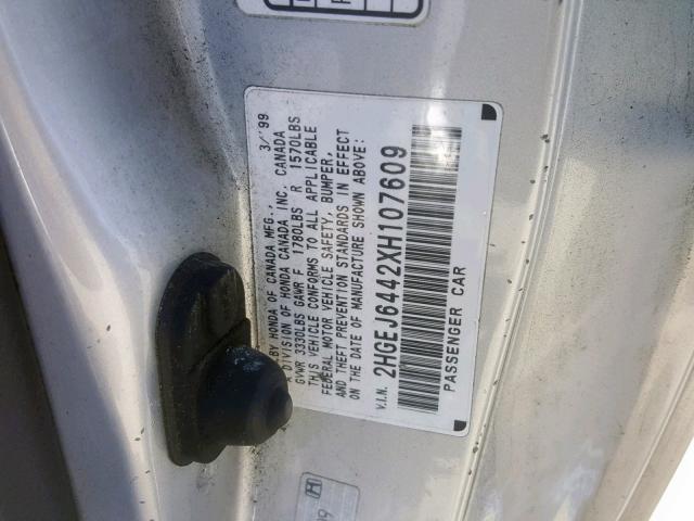 2HGEJ6442XH107609 - 1999 HONDA CIVIC DX SILVER photo 10