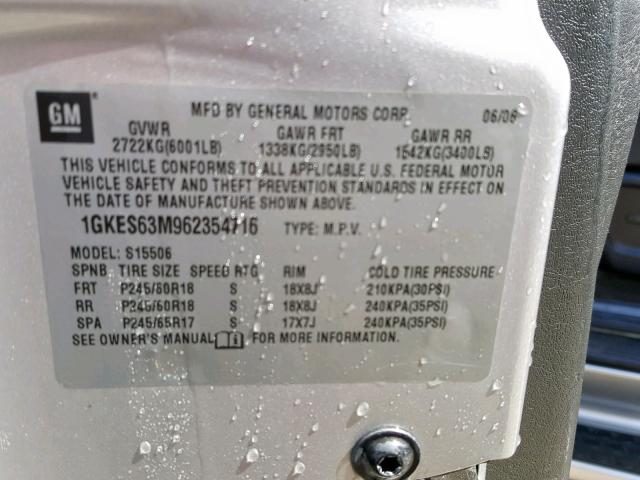 1GKES63M962354716 - 2006 GMC ENVOY DENA SILVER photo 10