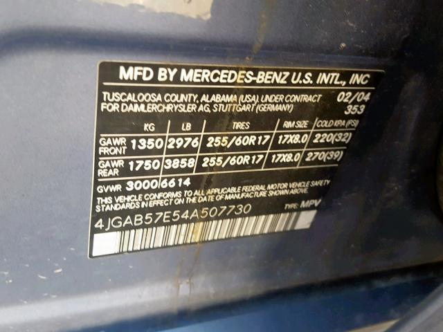 4JGAB57E54A507730 - 2004 MERCEDES-BENZ ML 350 BLUE photo 10