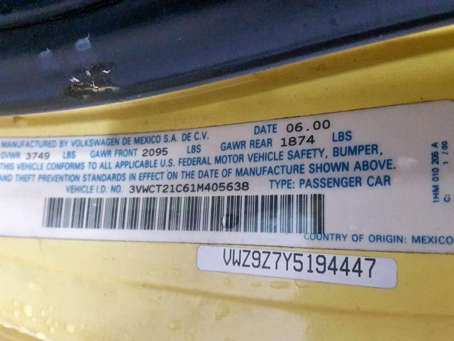 3VWCT21C61M405638 - 2001 VOLKSWAGEN NEW BEETLE YELLOW photo 10