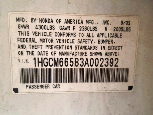 1HGCM66583A002392 - 2003 HONDA ACCORD WHITE photo 10