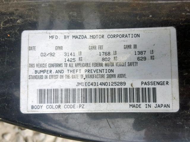 JM1EC4314N0125289 - 1992 MAZDA MX-3 BLACK photo 10