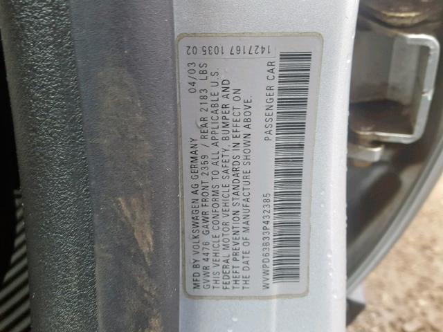 WVWPD63B33P432385 - 2003 VOLKSWAGEN PASSAT GLS SILVER photo 10