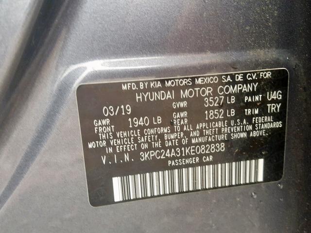 3KPC24A31KE082838 - 2019 HYUNDAI ACCENT SE GRAY photo 10